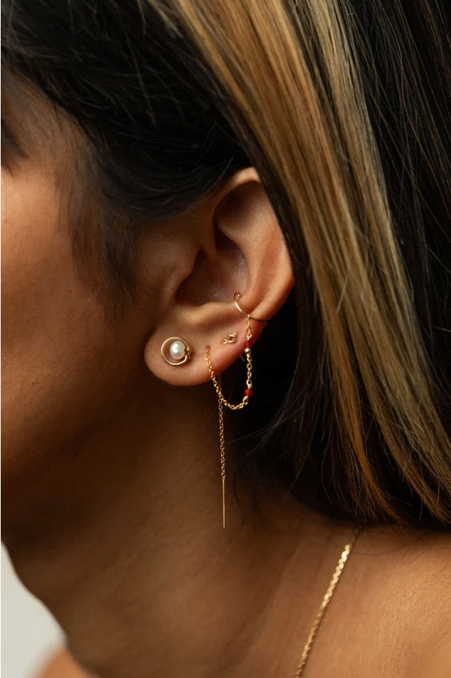 Bijou d'oreille chaînette Céleste - Cornaline Rouge 星光紅瑪瑙耳扣環(單支)