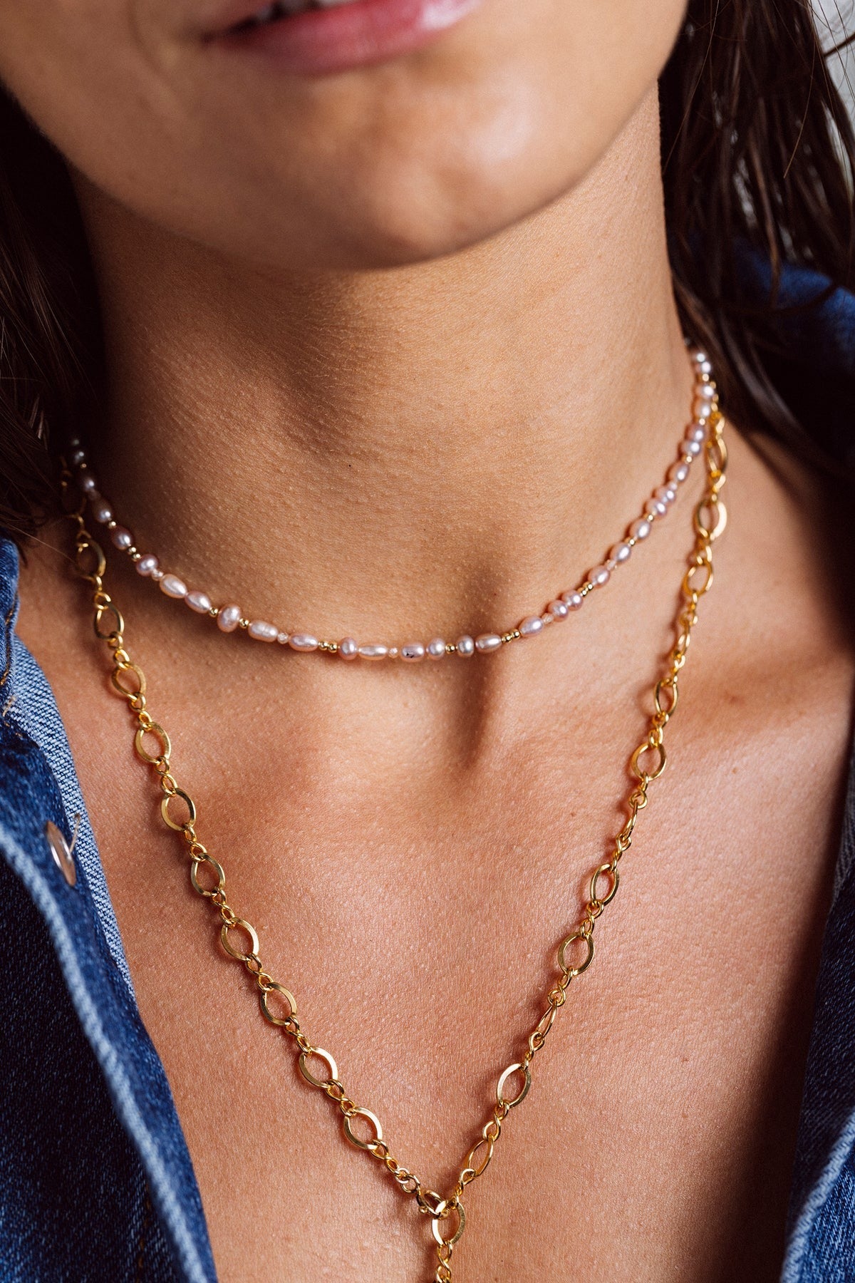 Collier Grain de riz - Perle de culture rose 經典滿圈玫瑰粉色珍珠項鍊