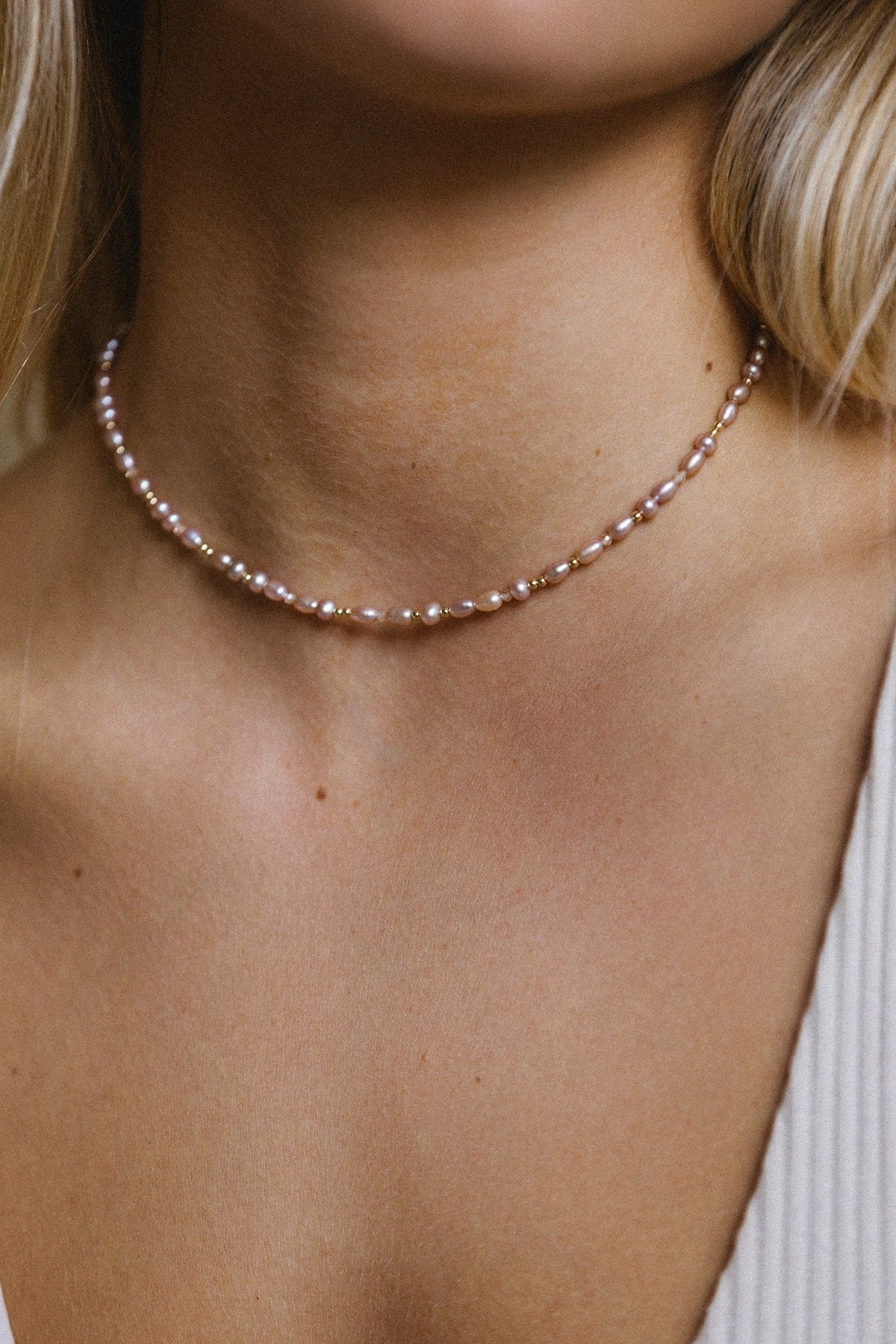 Collier Grain de riz - Perle de culture rose 經典滿圈玫瑰粉色珍珠項鍊